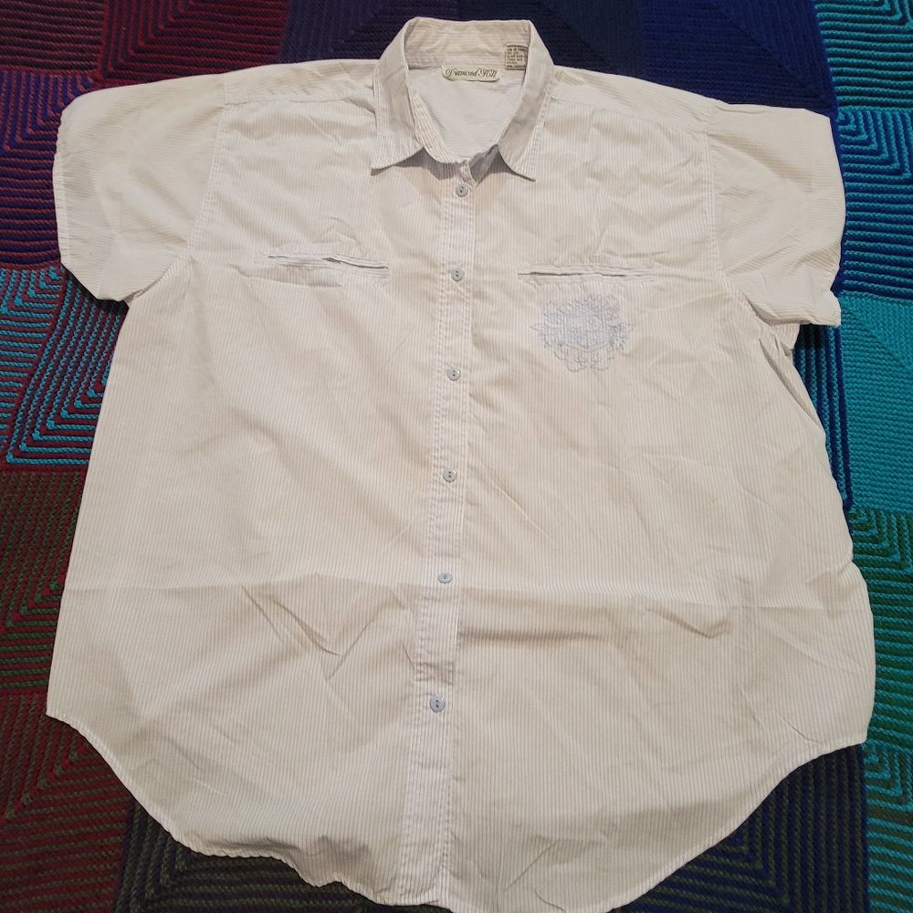 White blue striped vertical woman's blouse, pocket detail, Diamond Hill brand